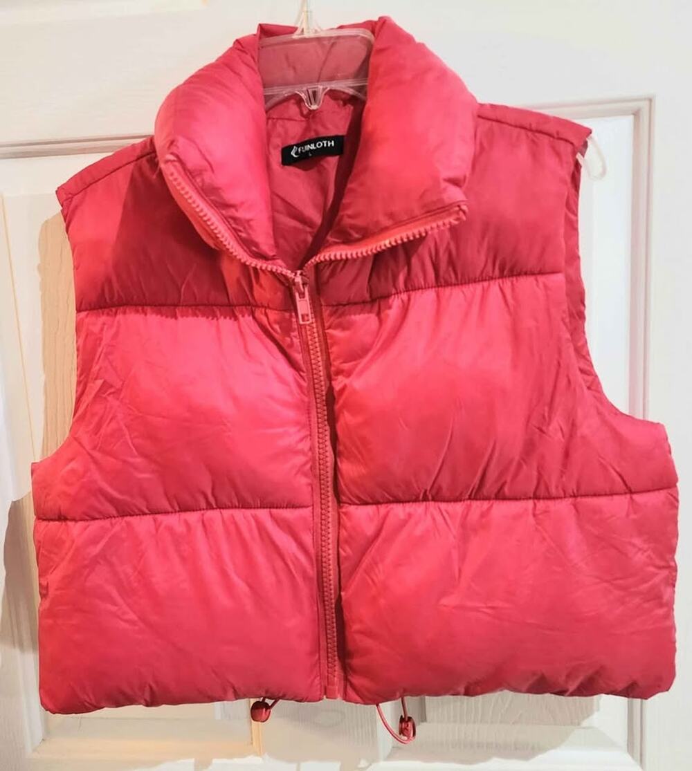 Fuinloth Womens Padded Cropped Vest Lightweight Pink Zip Puffer Large.    #G01